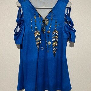 Women’s Short Sleeve, Open Sleeve, Plus Size Too, Blue Feathers Size 4XL
